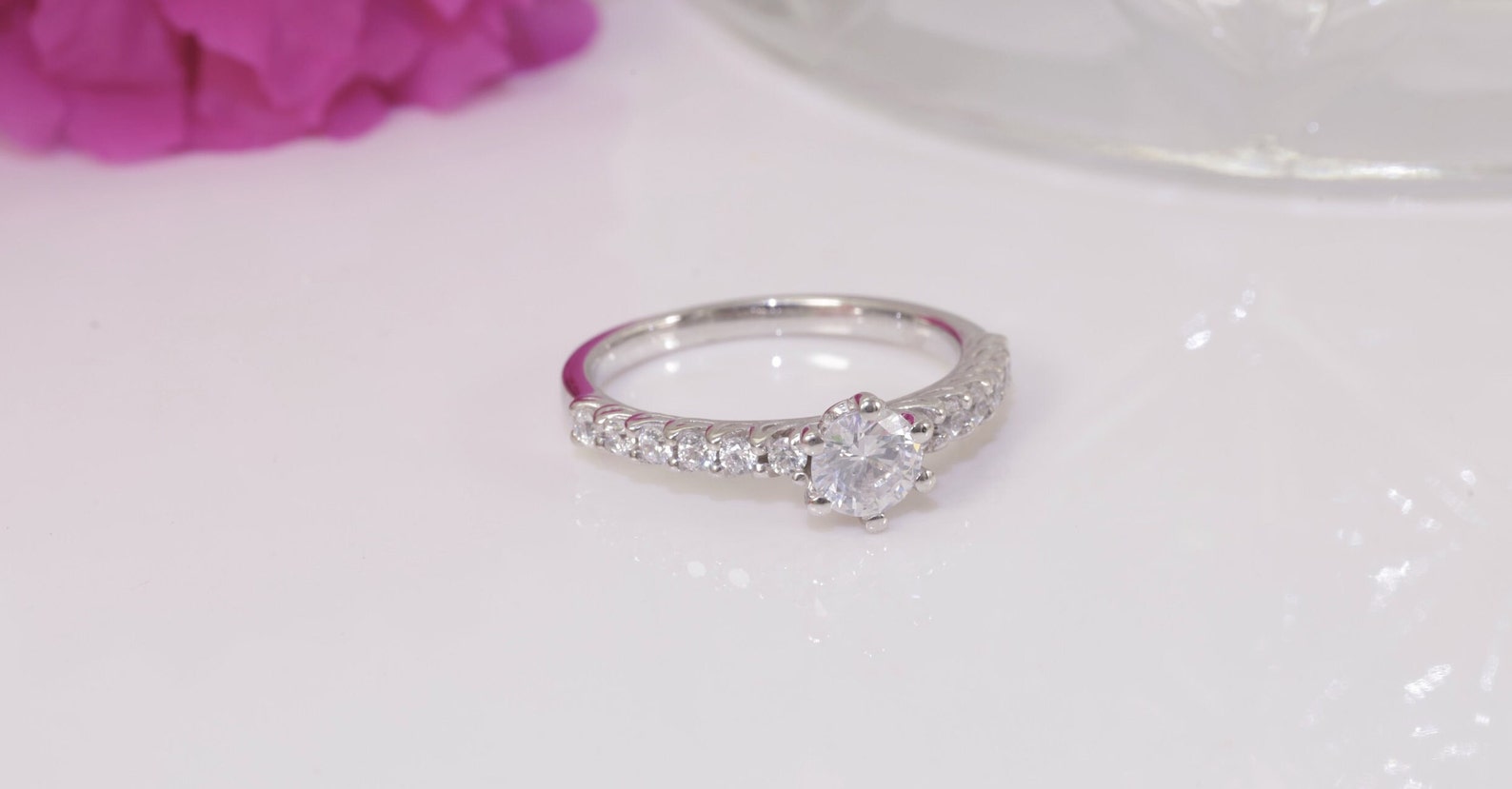 0.50CT Six Prong Diamond Engagement Ring, Bridal Promise Ring, Pave Setting Anniversary Ring Gift for Her